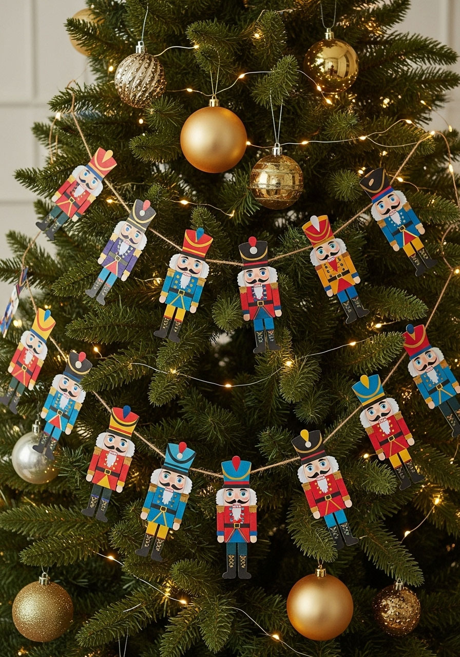 Finished nutcracker soldier garland on tree showing detailed paper figures in theatrical style