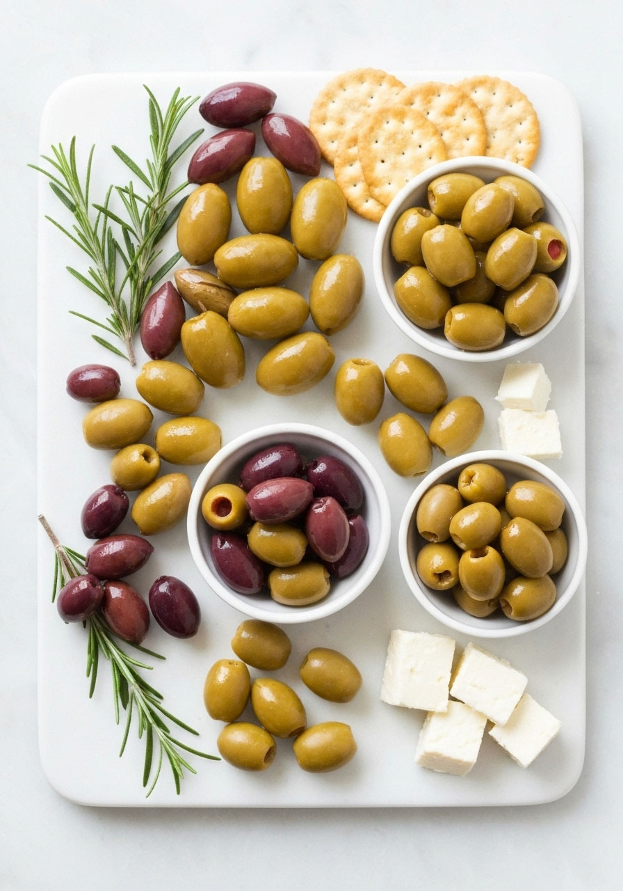 Olive lover's paradise Thanksgiving charcuterie board with variety of stuffed and marinated olives with feta