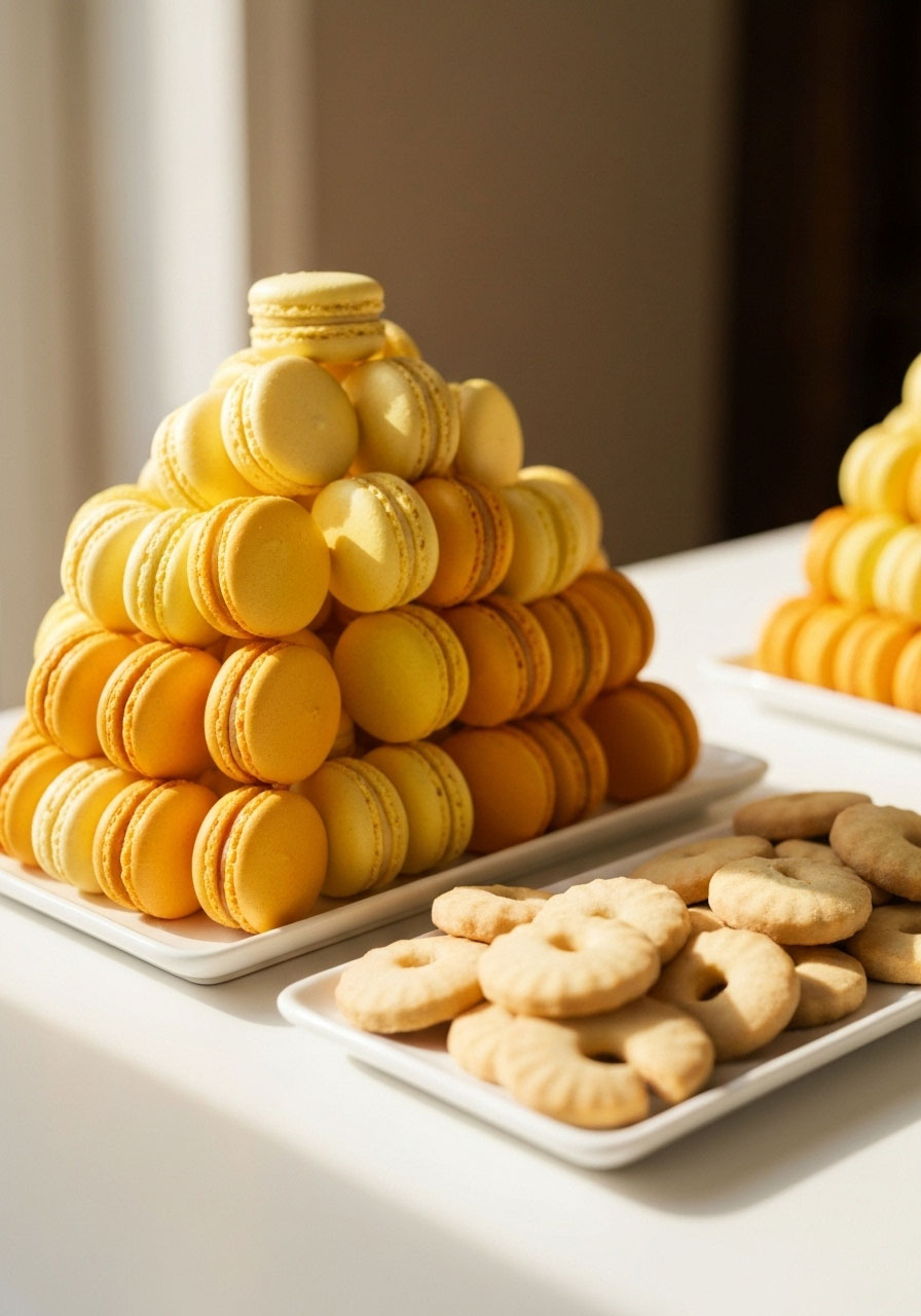Ombre yellow macarons in gradient shades for elegant honeybee baby shower dessert display