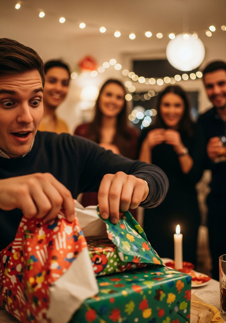 Excited party guest unwrapping mystery prize during final round of Let's Make a Deal party game