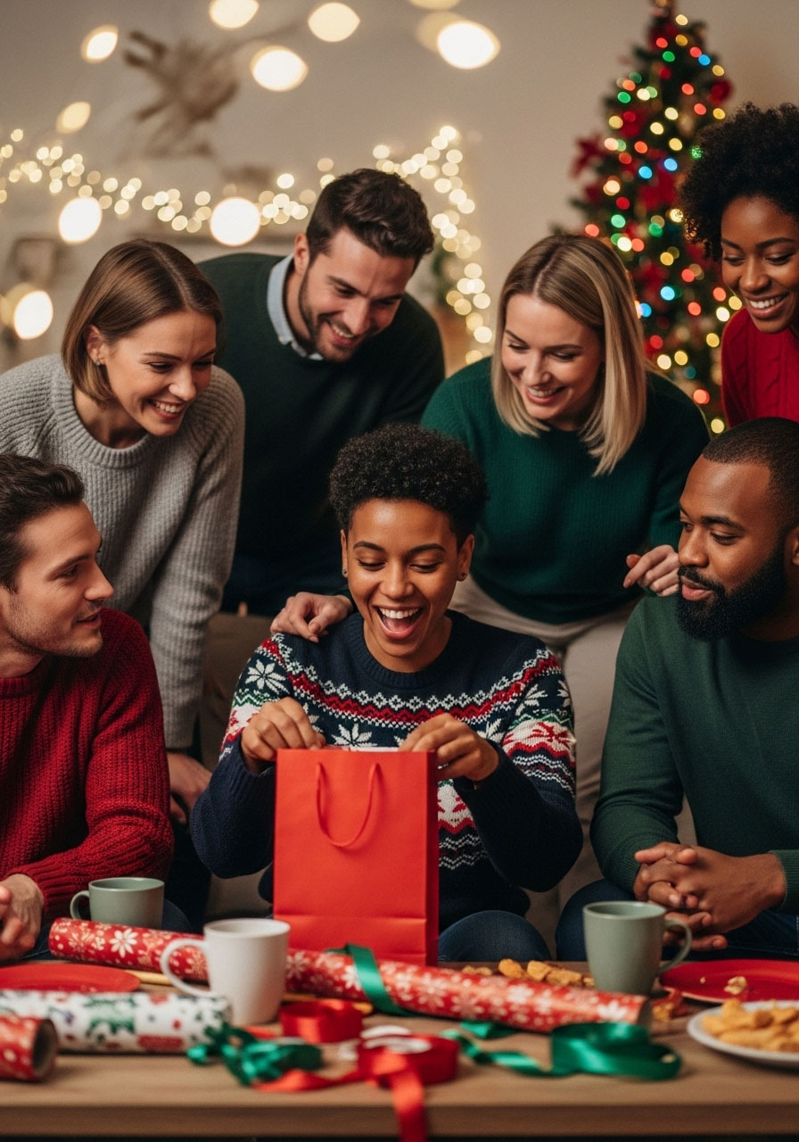 Guests laughing as player opens mystery gift during White Elephant auction game