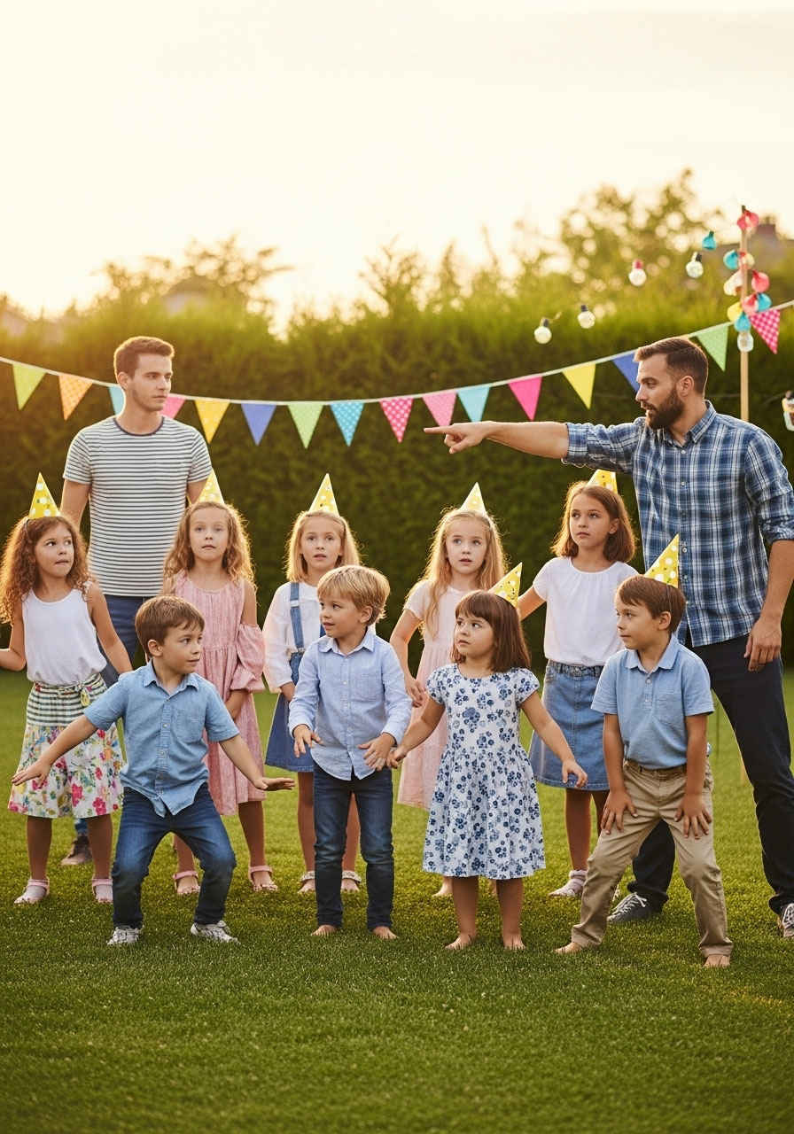 Kids playing the opposite challenge doing reverse actions at outdoor birthday party