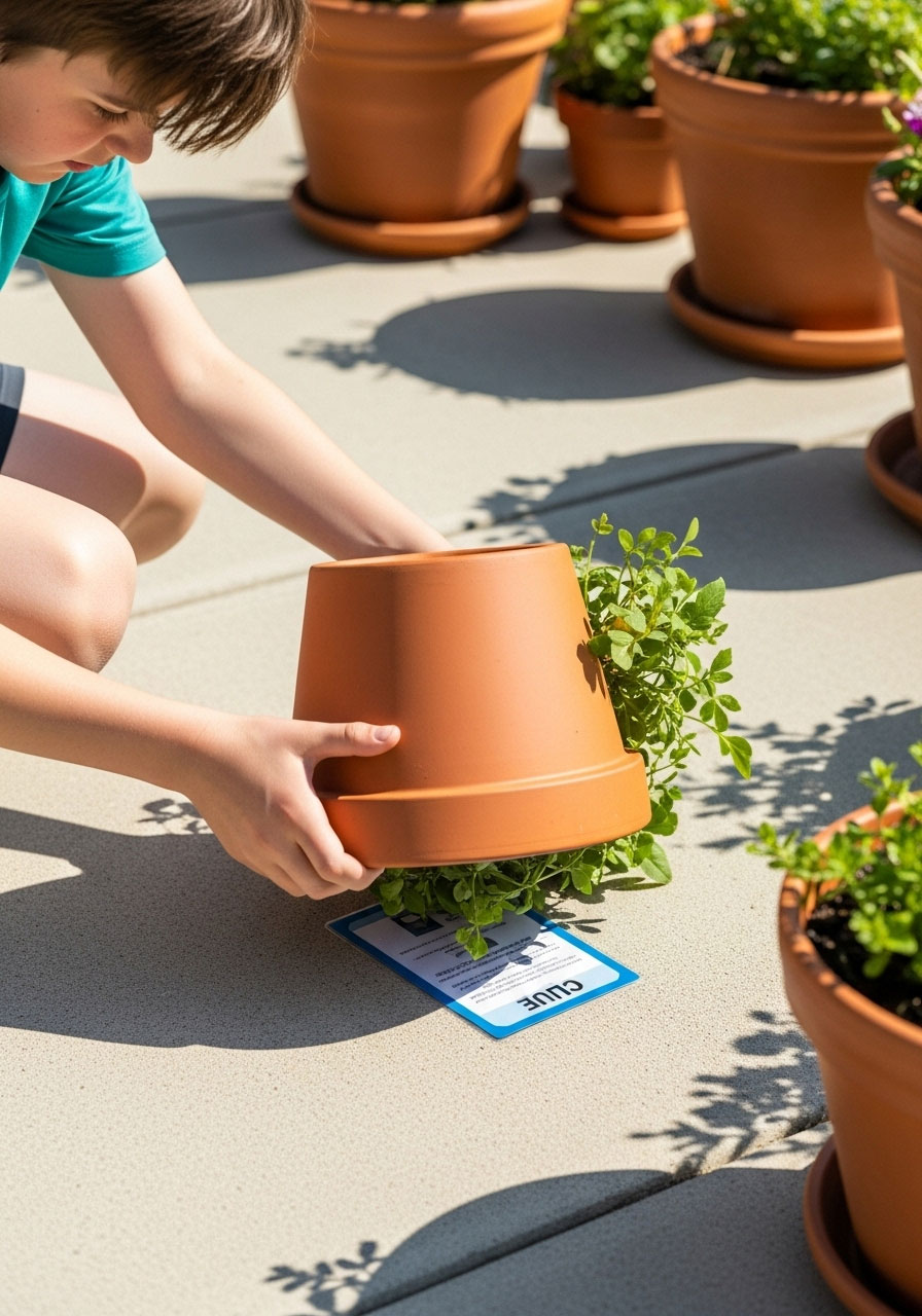 Teen lifting flower pot to reveal hidden scavenger hunt clue in backyard