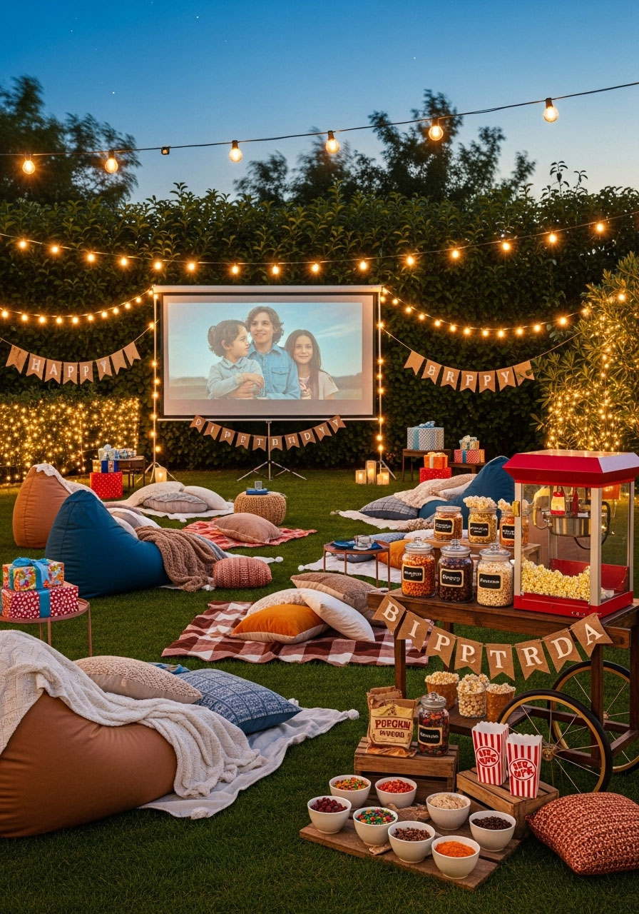 Backyard movie night birthday party setup with projector screen, cozy blanket seating, popcorn bar, and string lights at dusk