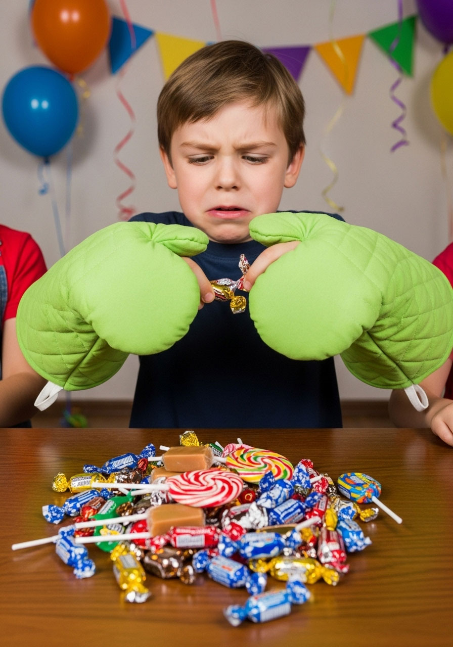 Child wearing oven mitts unwrapping candy during birthday party challenge game