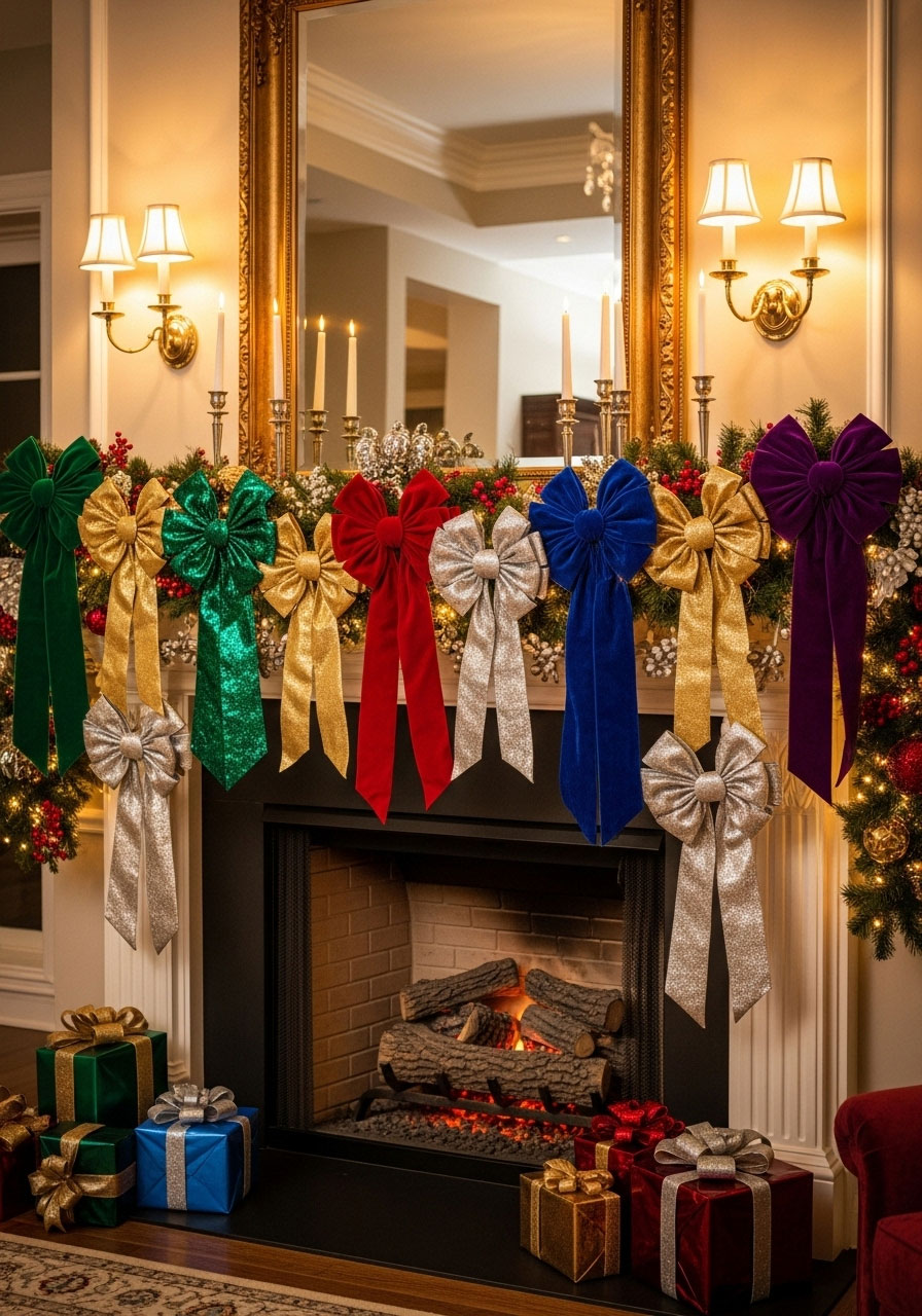 Finished oversized bow garland on mantle showing large jewel-toned bows in sophisticated style