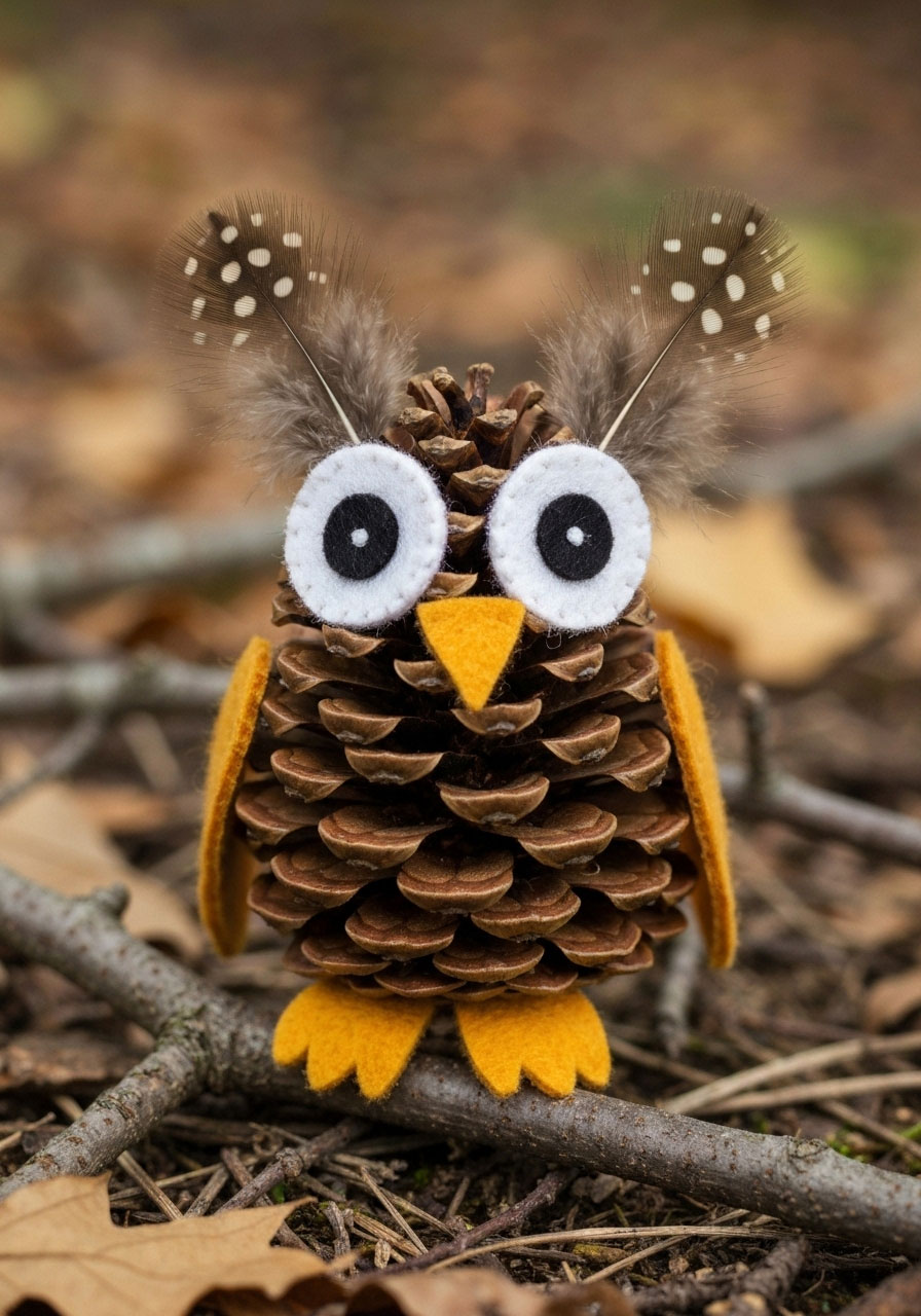 Owl pinecone craft with felt decorations and feathers for kids