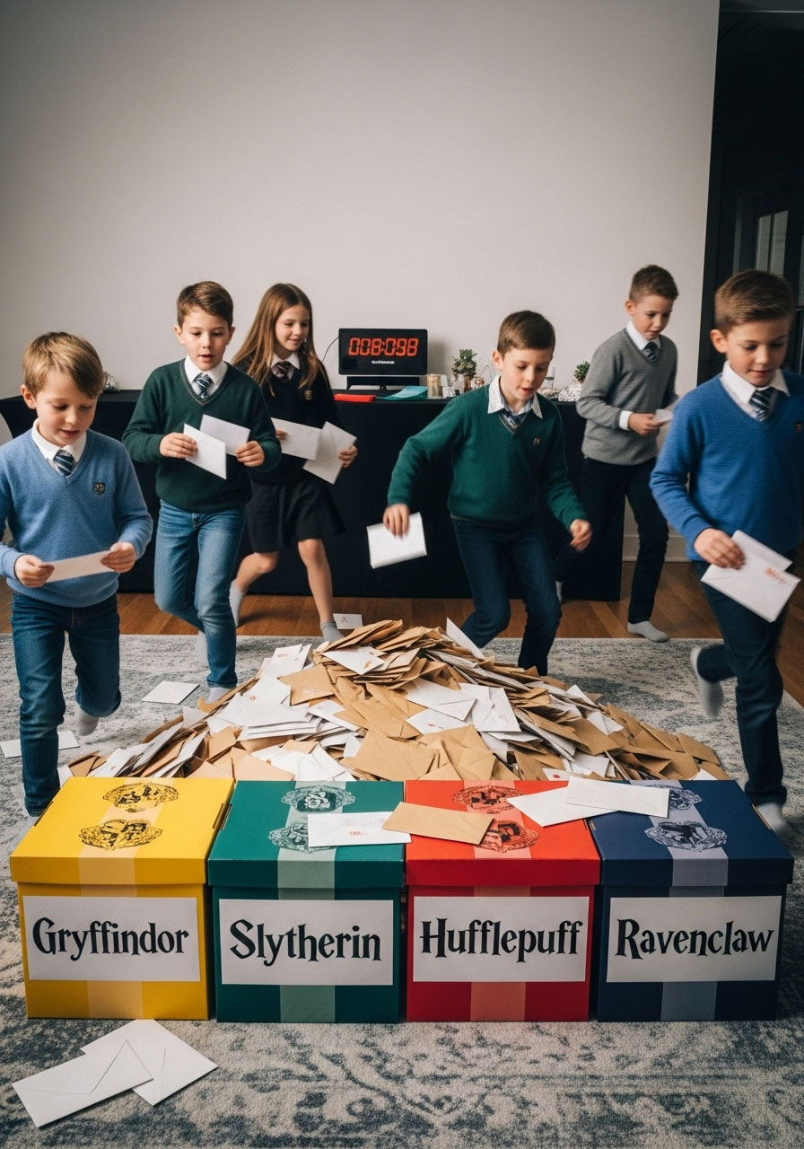 Owl post delivery relay race sorting letters into house boxes for Harry Potter birthday party game