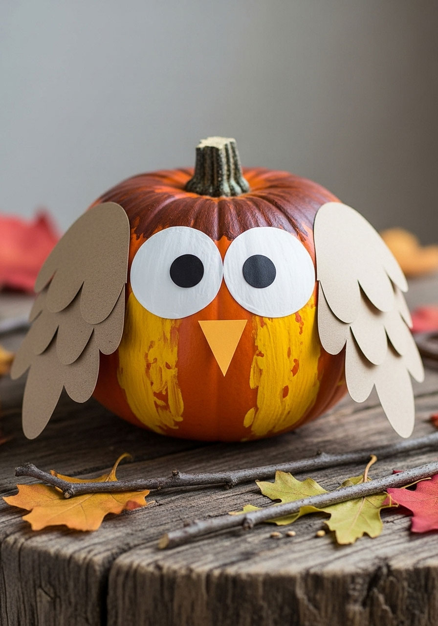 Adorable owl-themed pumpkin with paper wings and big eyes showing woodland creature craft for kids