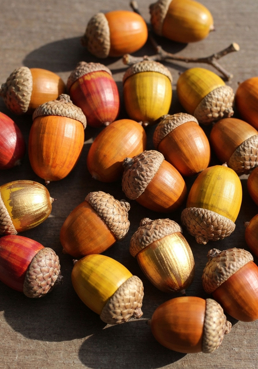 Painted acorns fall craft in autumn colors and metallic for kids