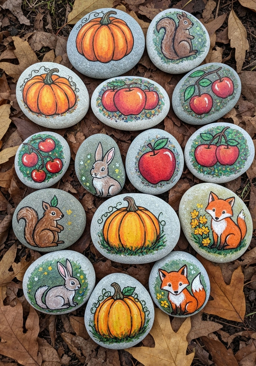 Painted rock fall characters craft with autumn designs for kids