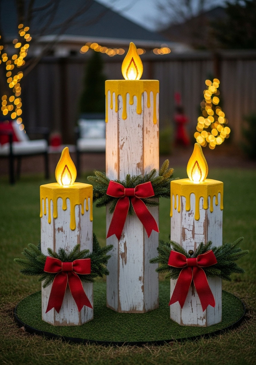DIY pallet wood candles with painted wax drips and LED lights