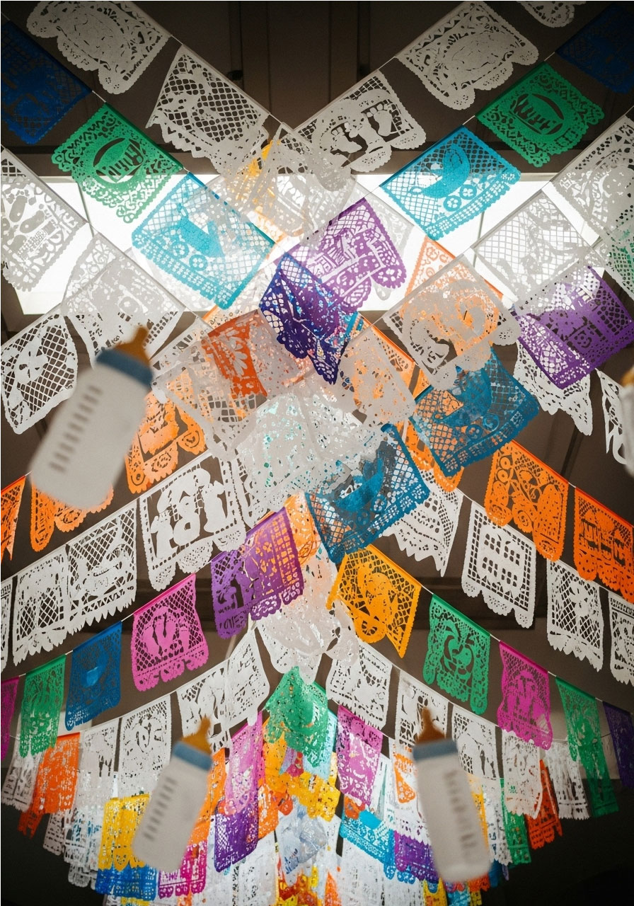 White and colorful papel picado tissue paper banners with baby motifs for Cielito Lindo shower ceiling decoration