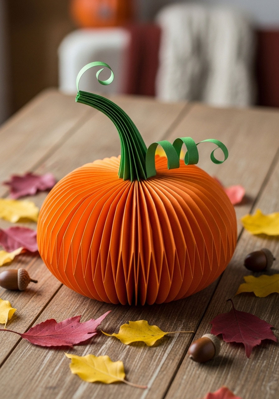 Paper accordion pumpkin craft folded in circular shape for kids
