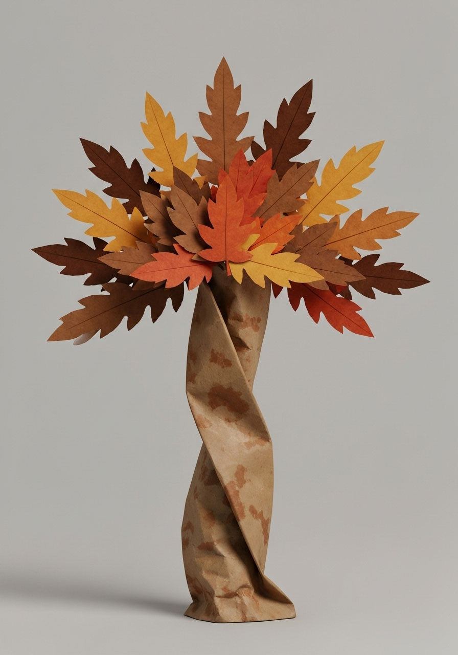 Paper bag fall tree 3D craft with twisted trunk for children