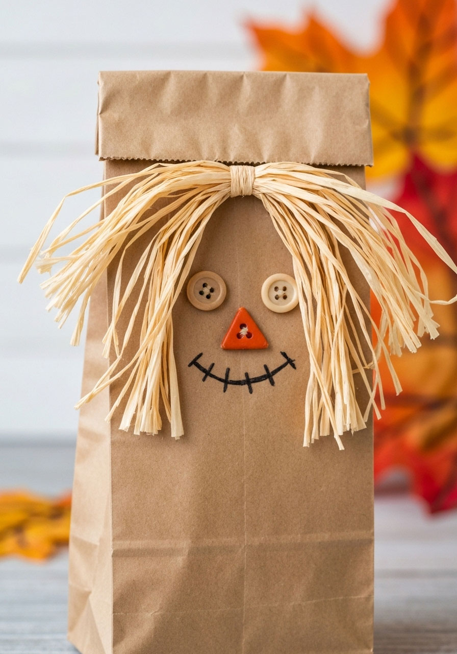 Paper bag scarecrow puppet craft with button eyes for kids