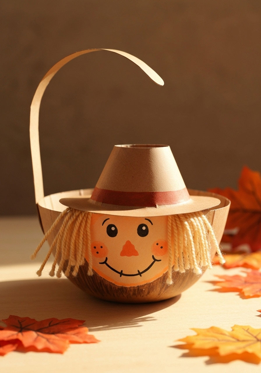 Paper bowl scarecrow craft with yarn hair and popsicle stick for children