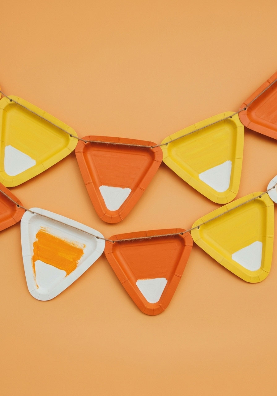 Paper plate candy corn banner craft for autumn party decoration