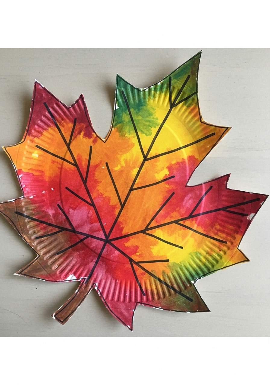 Paper plate leaf craft painted in fall colors with detailed veins for kids