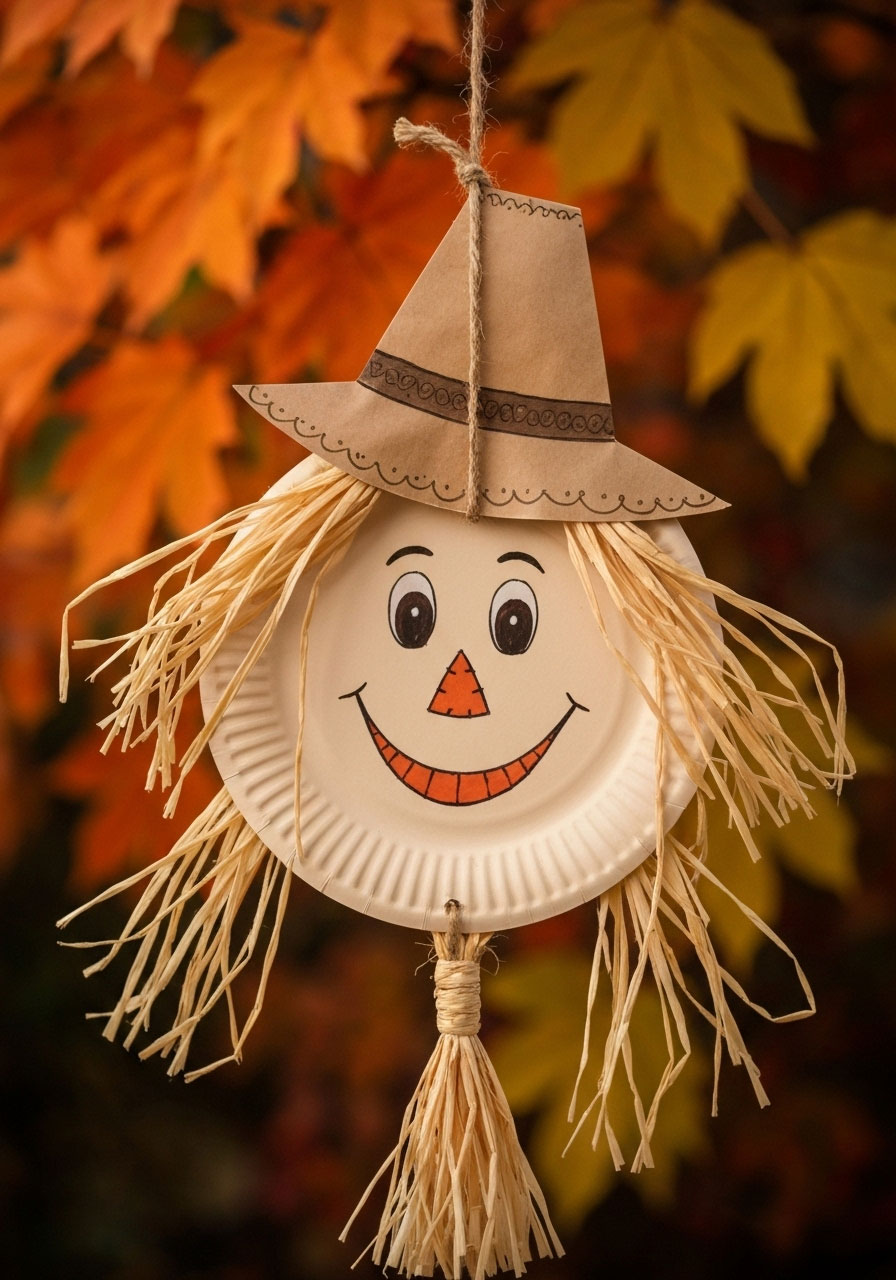 Paper plate scarecrow face craft with raffia hair for autumn decoration