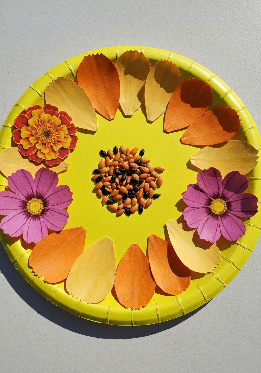 Paper plate sunflower craft with petals and seeds for autumn activity