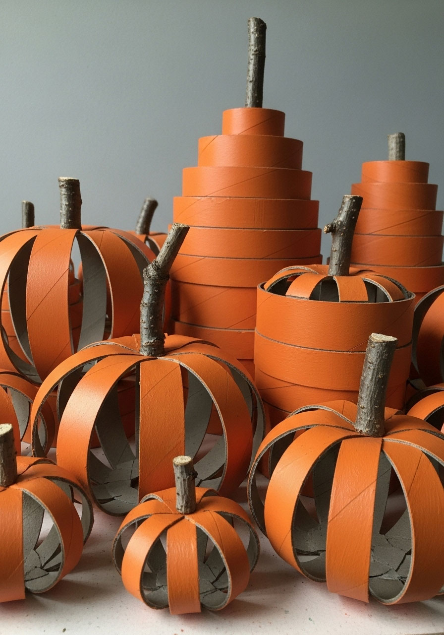 Paper roll pumpkins 3D craft made from recycled cardboard tubes for kids