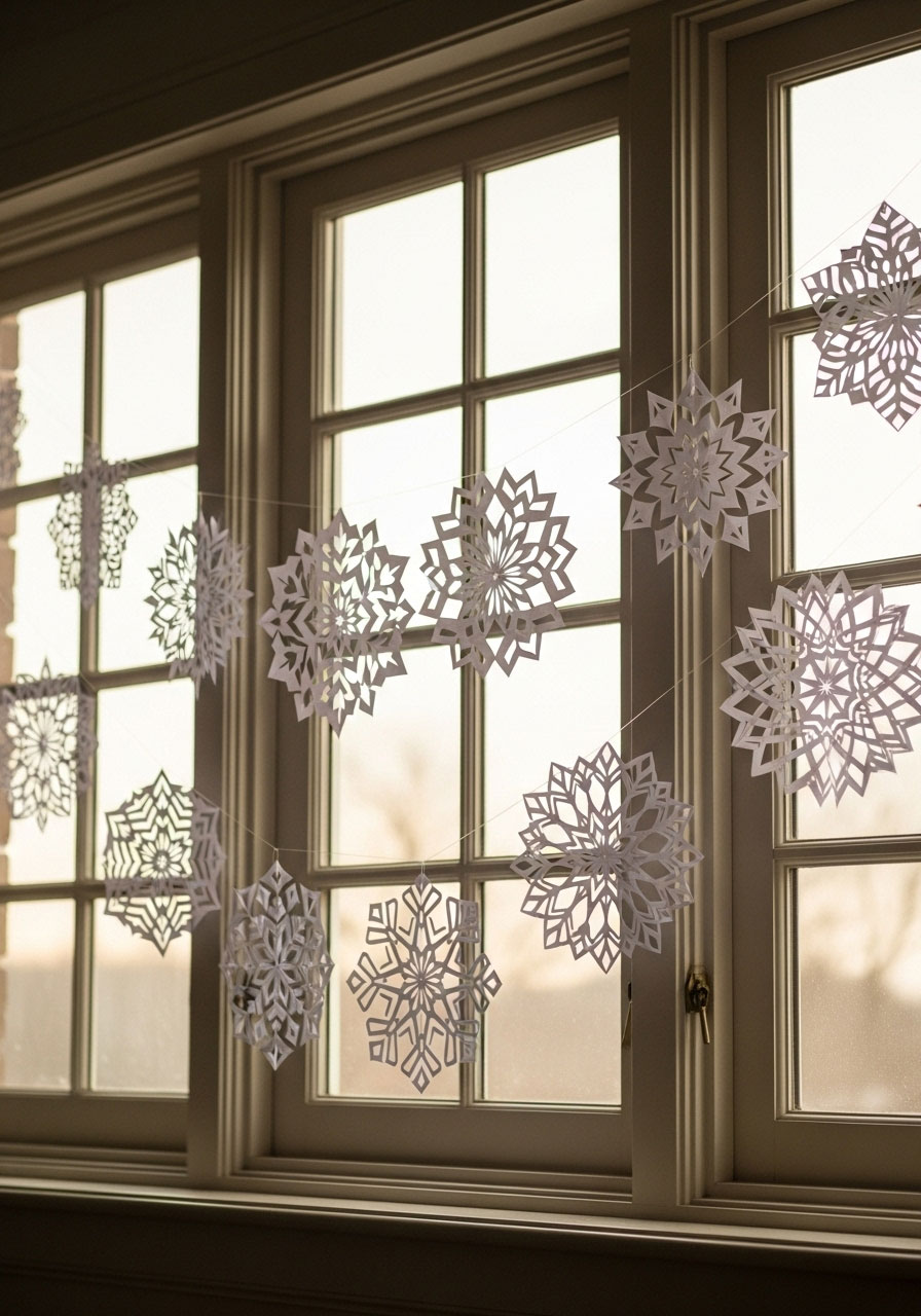 Finished paper snowflake garland on window showing intricate patterns in delicate silhouettes