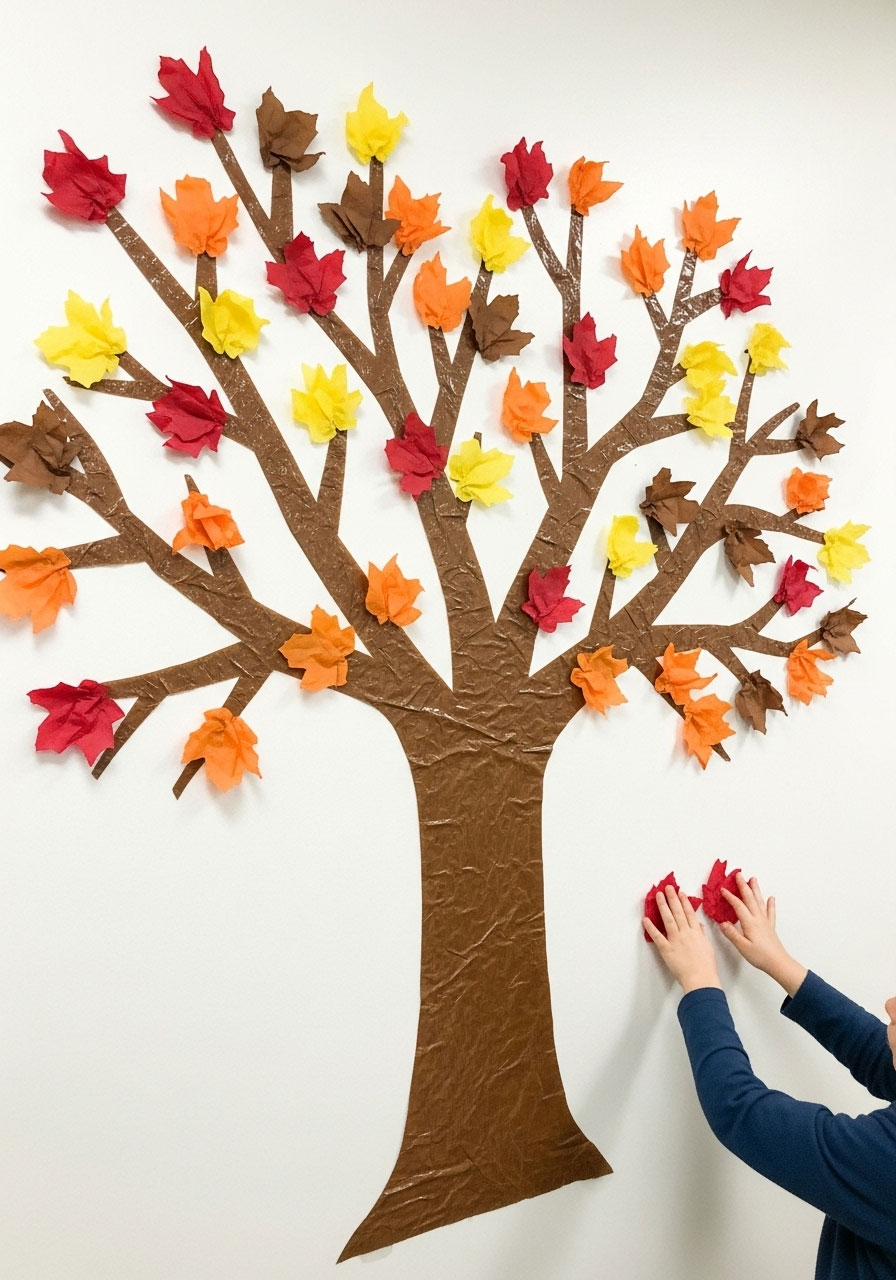Interactive paper sticky wall fall tree craft with tissue paper leaves for kids