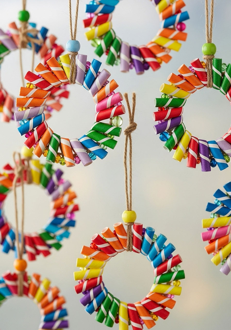 Paper straw Christmas ornaments craft for adults, colorful DIY wreath decorations with beads