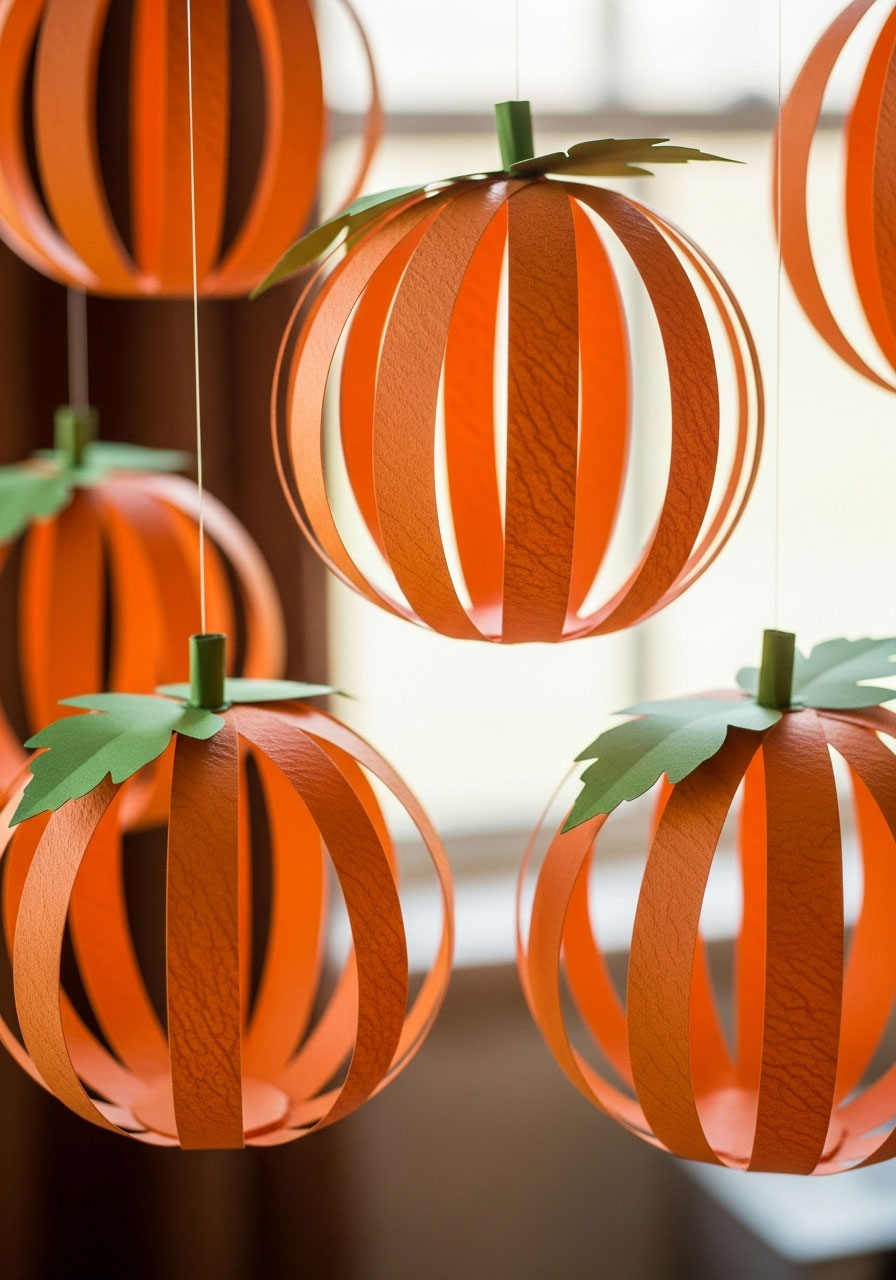 3D paper strip pumpkins craft for autumn decoration made by kids