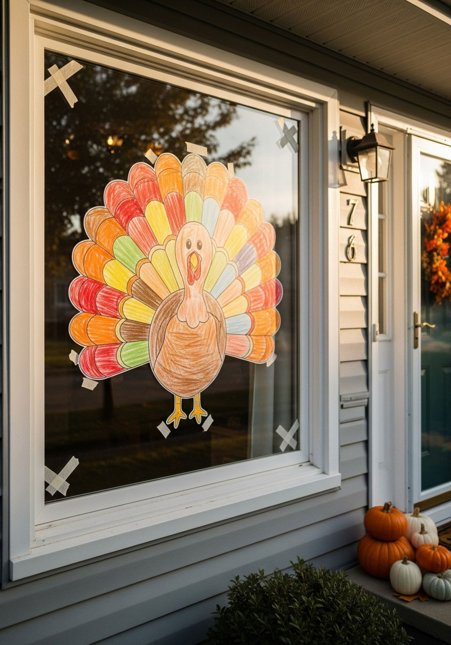 Paper turkey decoration displayed in front window of house for neighborhood Thanksgiving scavenger hunt