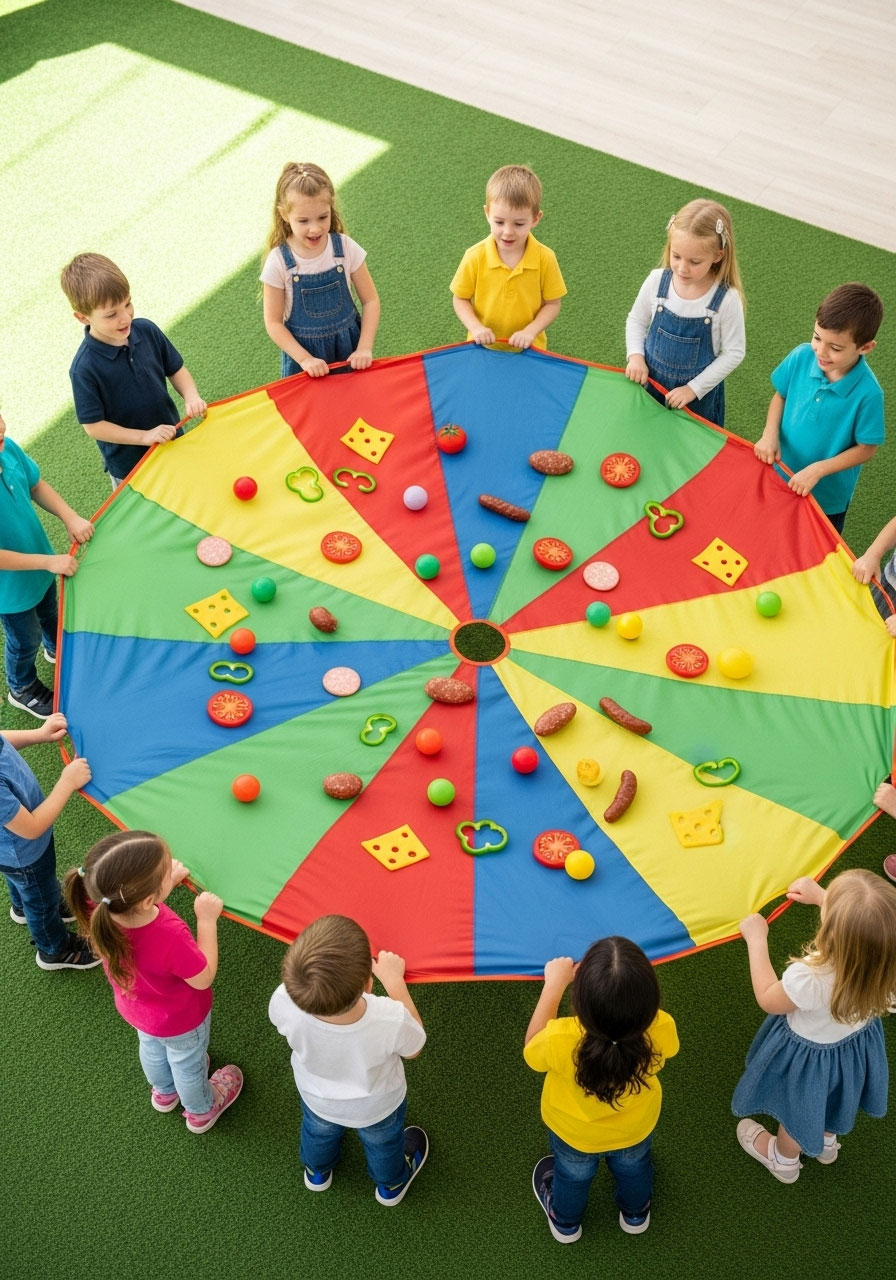 Children holding parachute in circle playing pizza party game at kindergarten birthday celebration