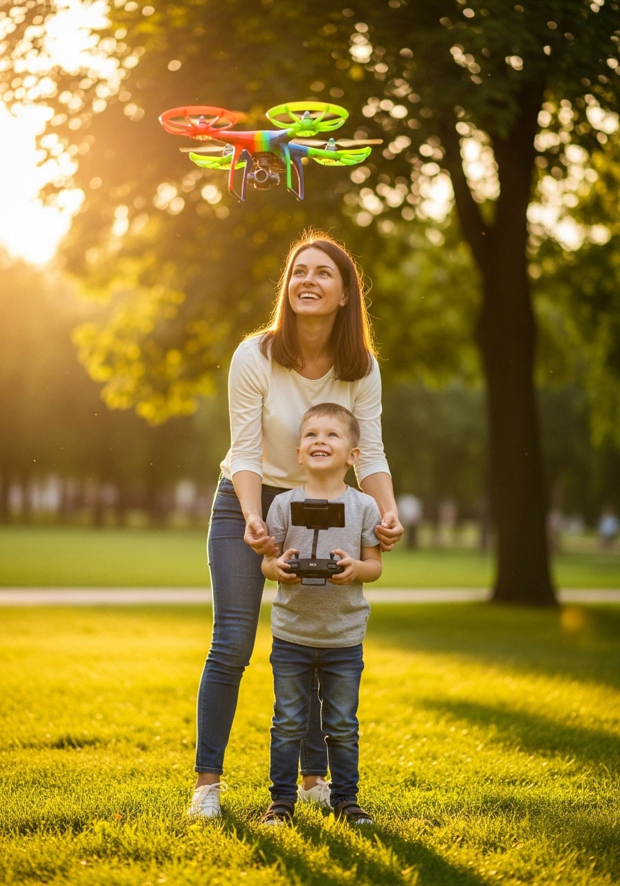 Mother and child enjoying one-on-one quality time flying a drone at the park for a special birthday date