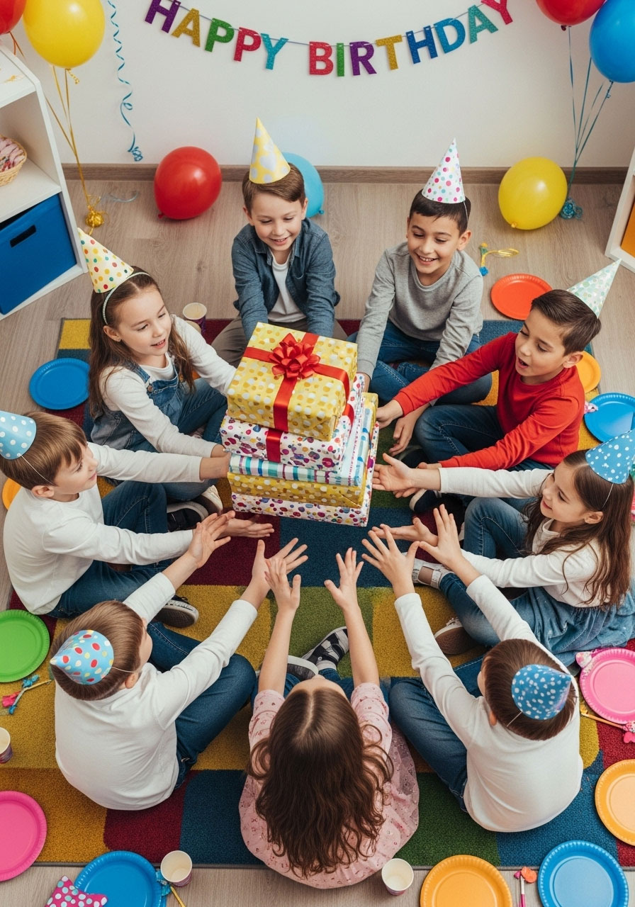 Kindergarten children sitting in circle passing wrapped present at birthday party game