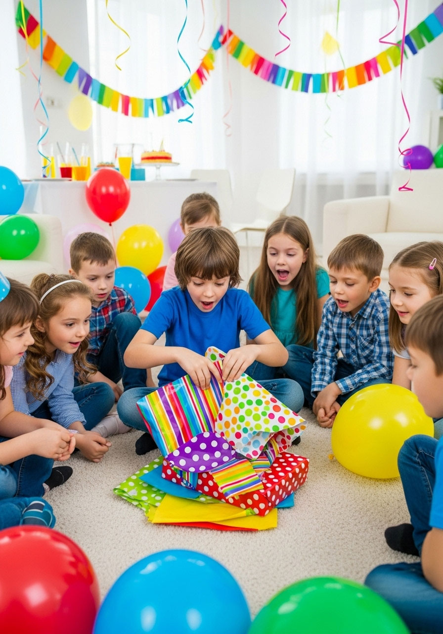 Children in circle passing wrapped parcel gift at indoor birthday party game
