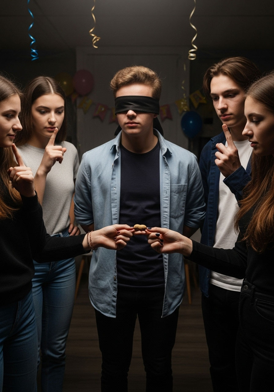 Teenagers passing peanut secretly behind backs in circle party game