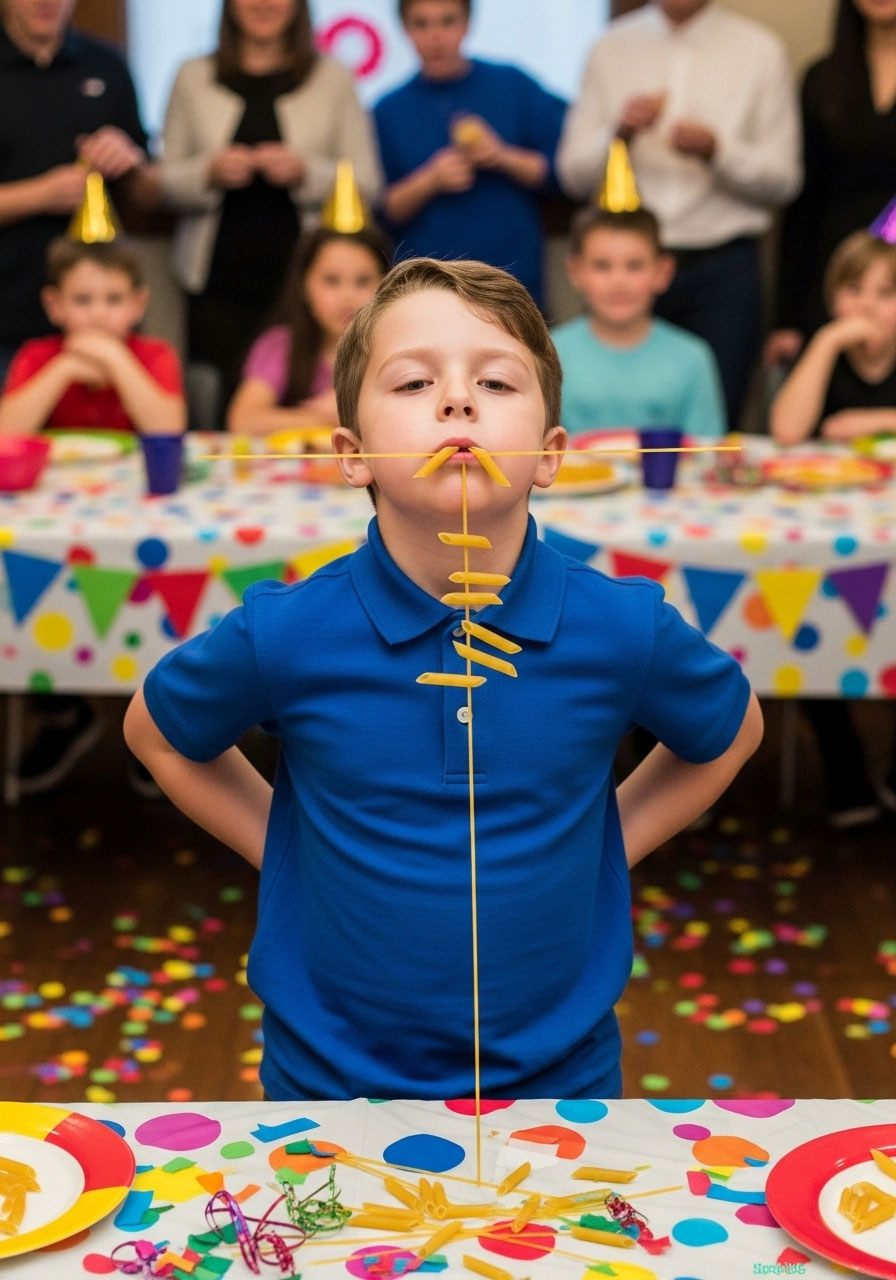 Child threading penne on spaghetti in mouth during pasta pickup game at birthday party