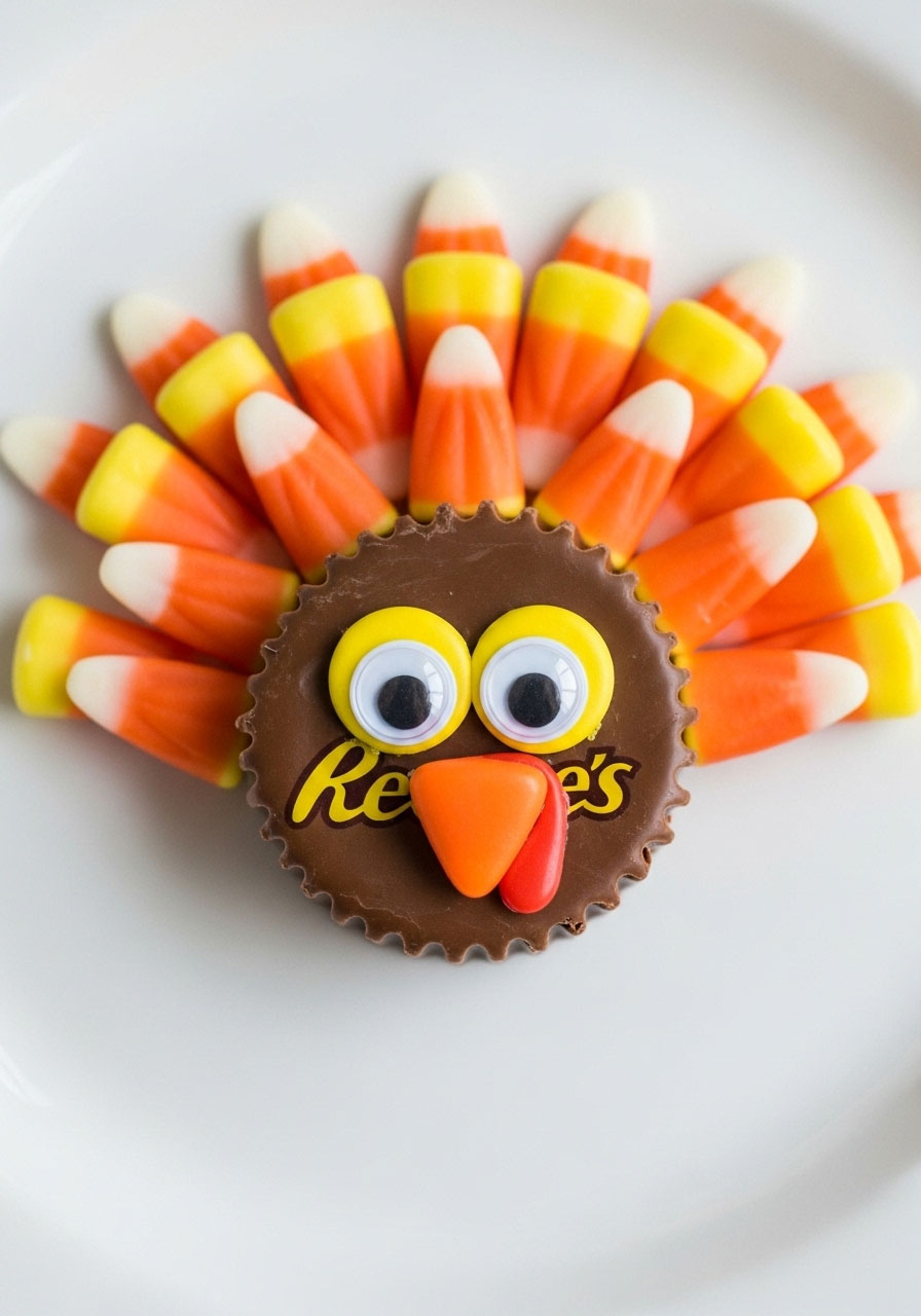 Peanut butter cup turkey decorated with candy corn feathers and googly eyes for Thanksgiving classroom treat
