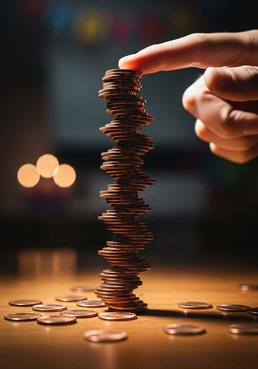 One hand carefully stacking pennies vertically in tower for birthday party balance challenge