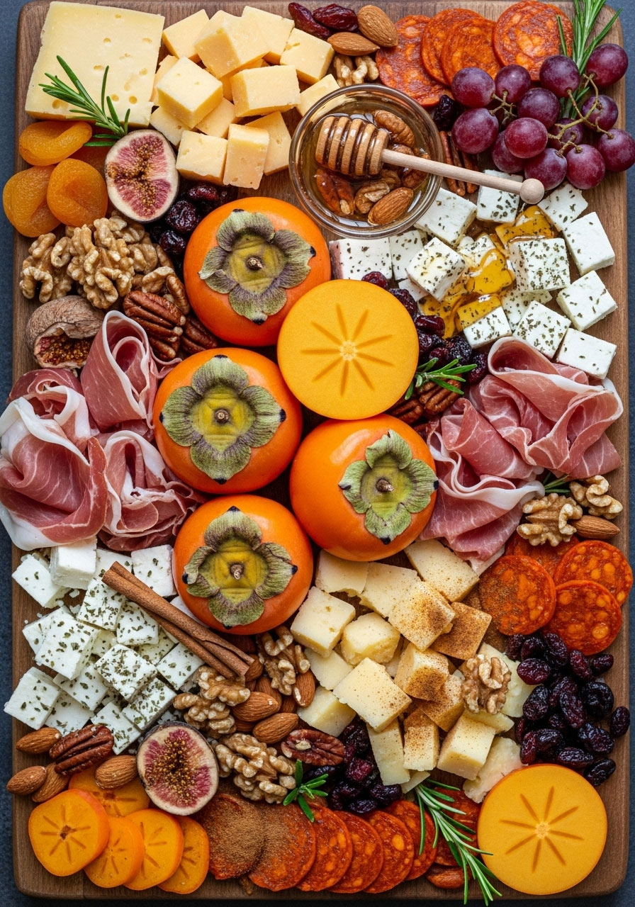 Thanksgiving charcuterie board featuring juicy sliced persimmons with star centers, feta cheese, honey and seasonal fruits