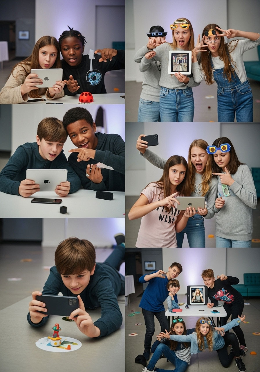 Tweens taking photos with phones during photo scavenger hunt at birthday party
