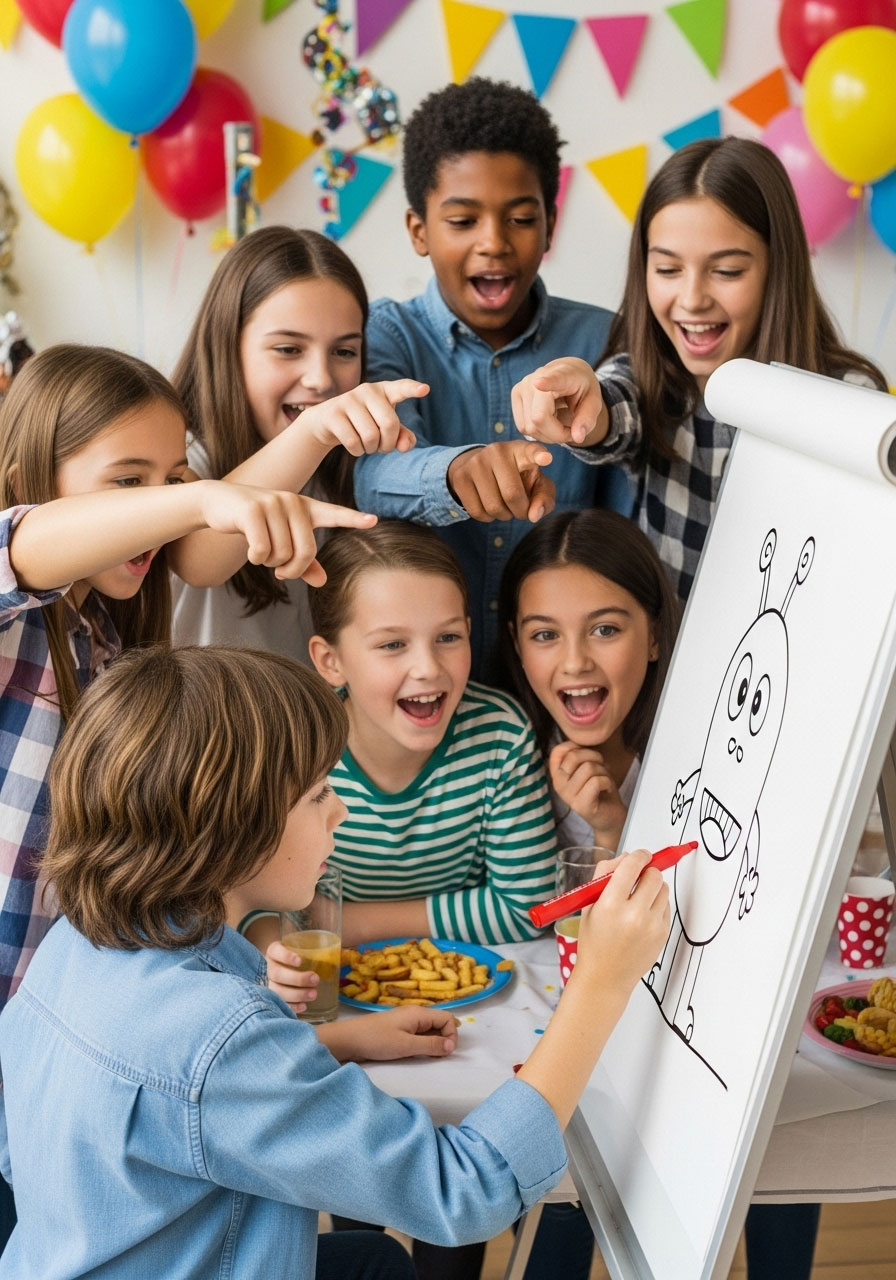 Child drawing on paper while team guesses during Pictionary at indoor birthday party
