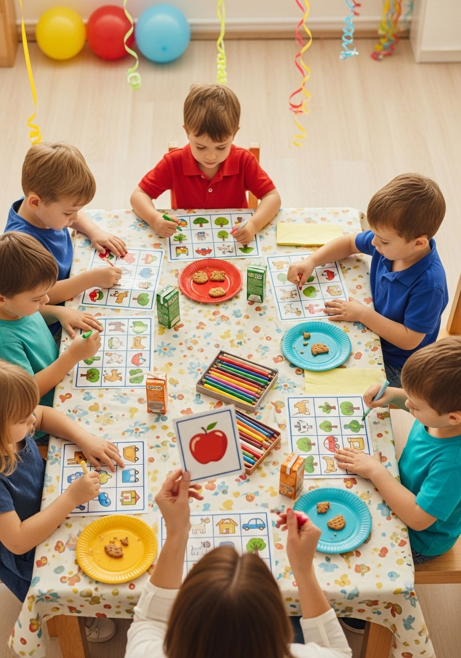 Kindergarten children playing picture bingo with markers at birthday party table game