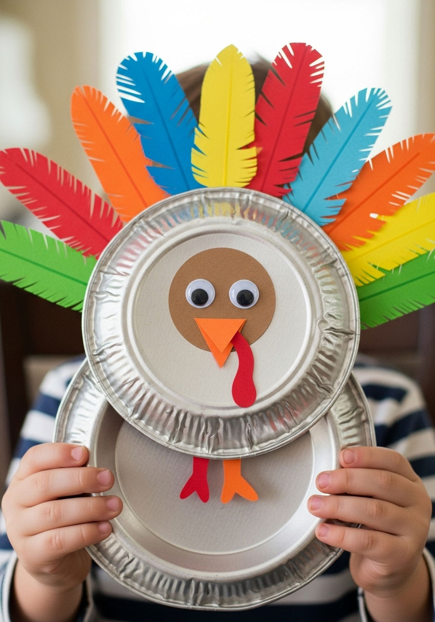 DIY pie tin turkey tambourine musical instrument craft for toddlers Thanksgiving