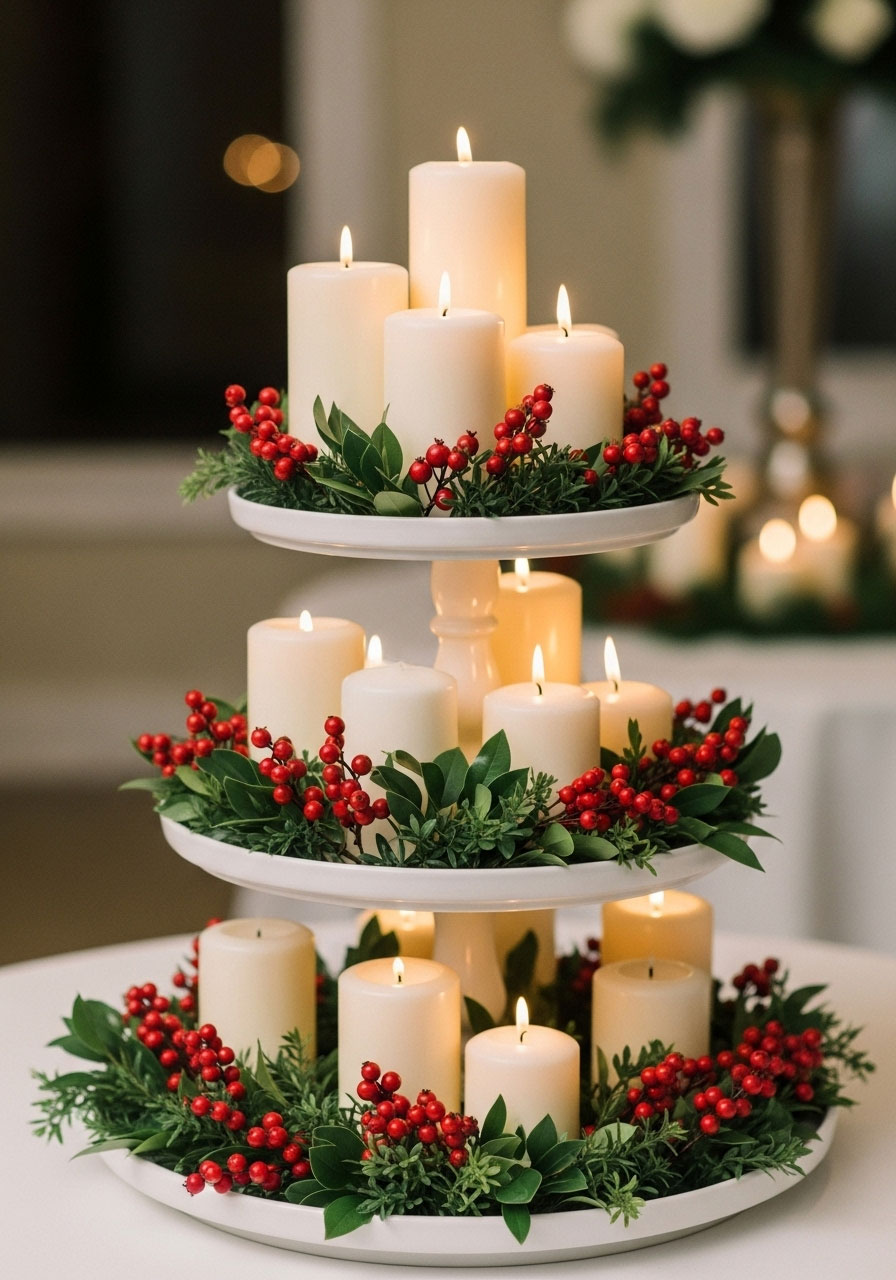 Christmas cake stand centerpiece with multiple height pillar candles and red berry garland decoration