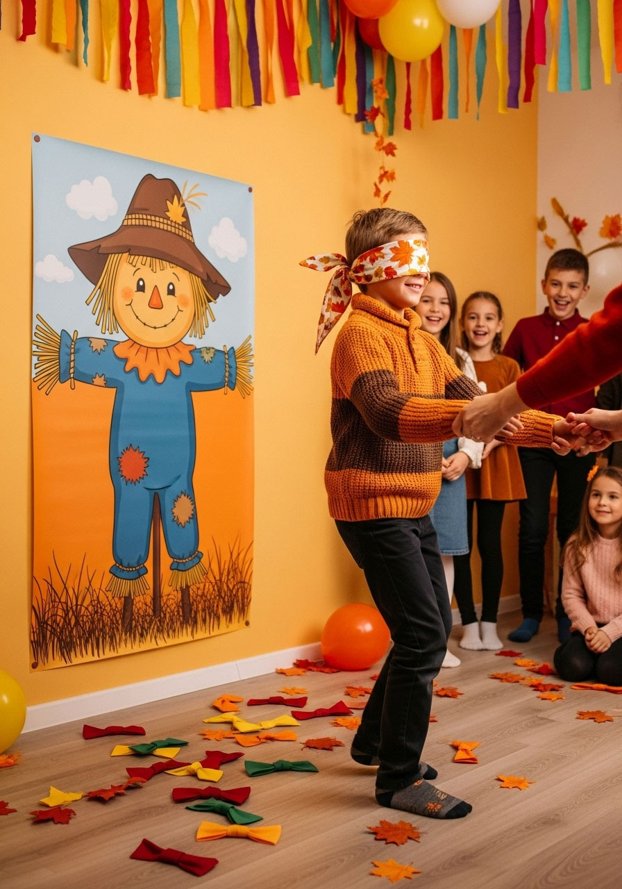 Blindfolded child playing pin the bowtie on the scarecrow game at fall festival party