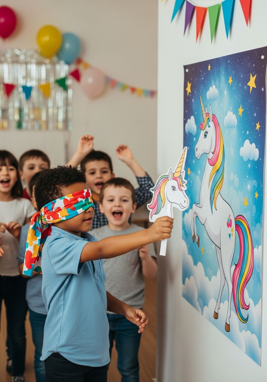 Blindfolded kindergarten child playing pin the horn on unicorn at birthday party