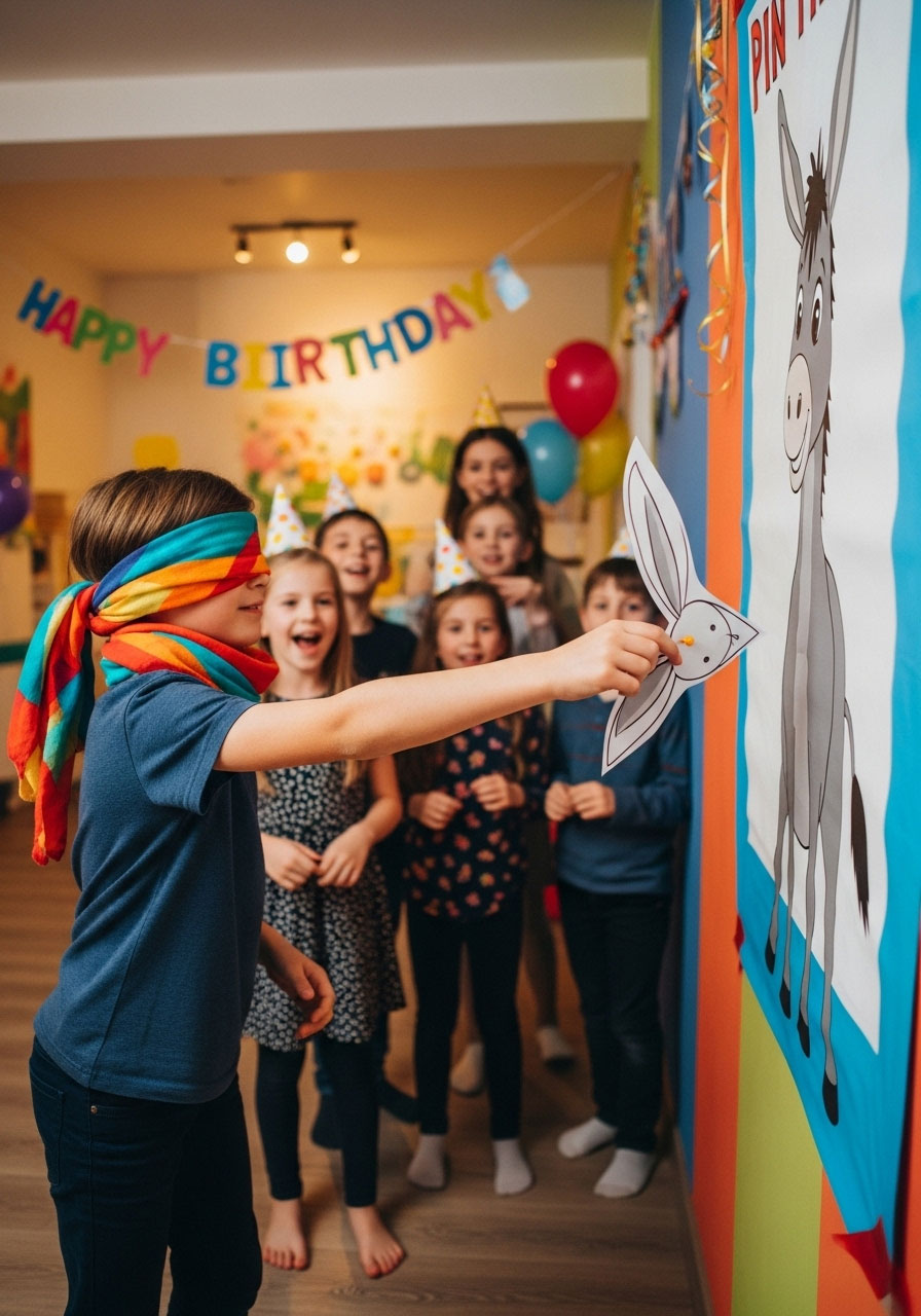 Blindfolded child pinning tail on donkey poster at indoor birthday party game