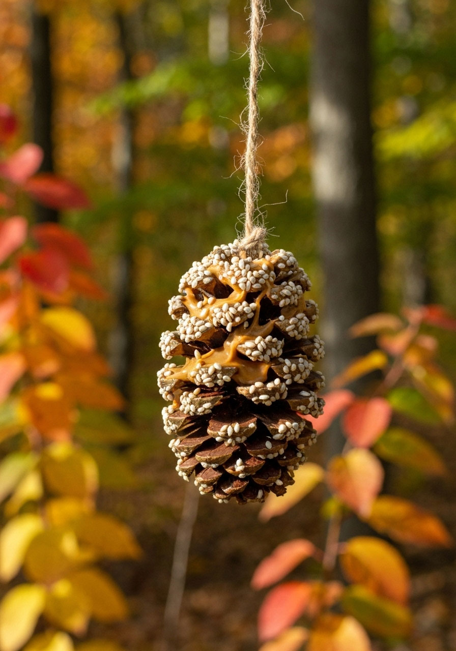 Pinecone bird feeder craft covered in birdseed for outdoor autumn activity