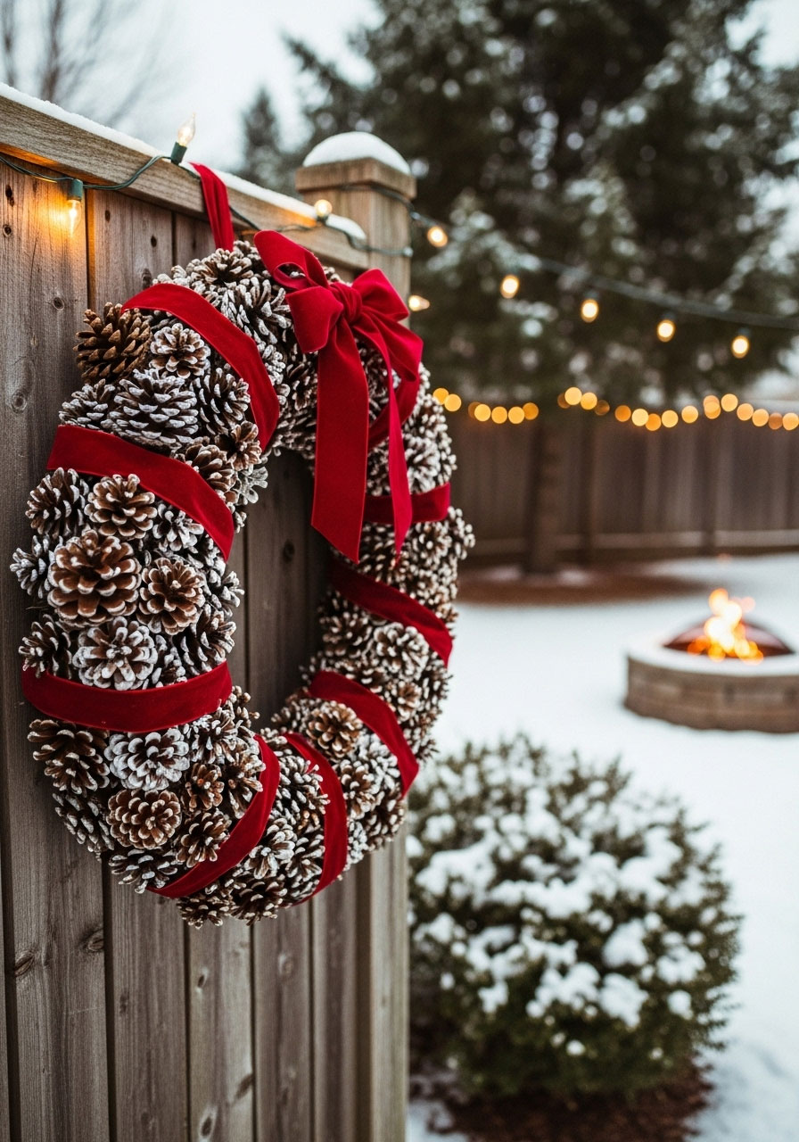 DIY wreath covered with natural pinecones and ribbon